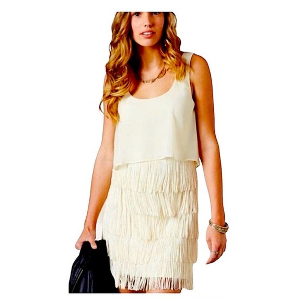 Sleeveless Cream Fringe Layered Dress